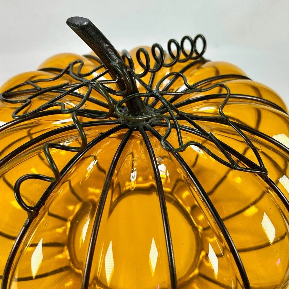Hand-Blown Amber Glass Metal Caged Pumpkin Decor/Shade/Candle Lantern Halloween